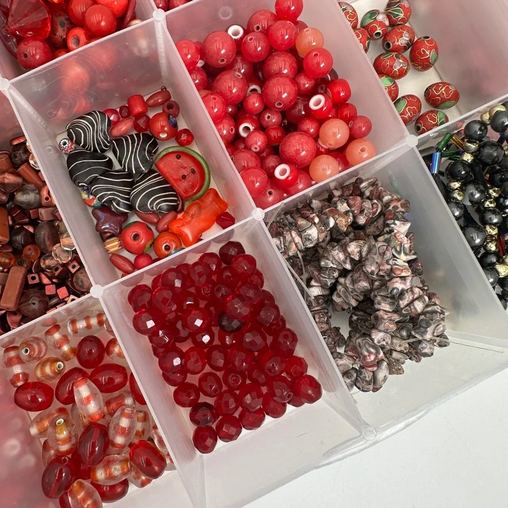 Large Red Glass Bead Lot Jewelry Making Supplies Floral Craft Organizer Case